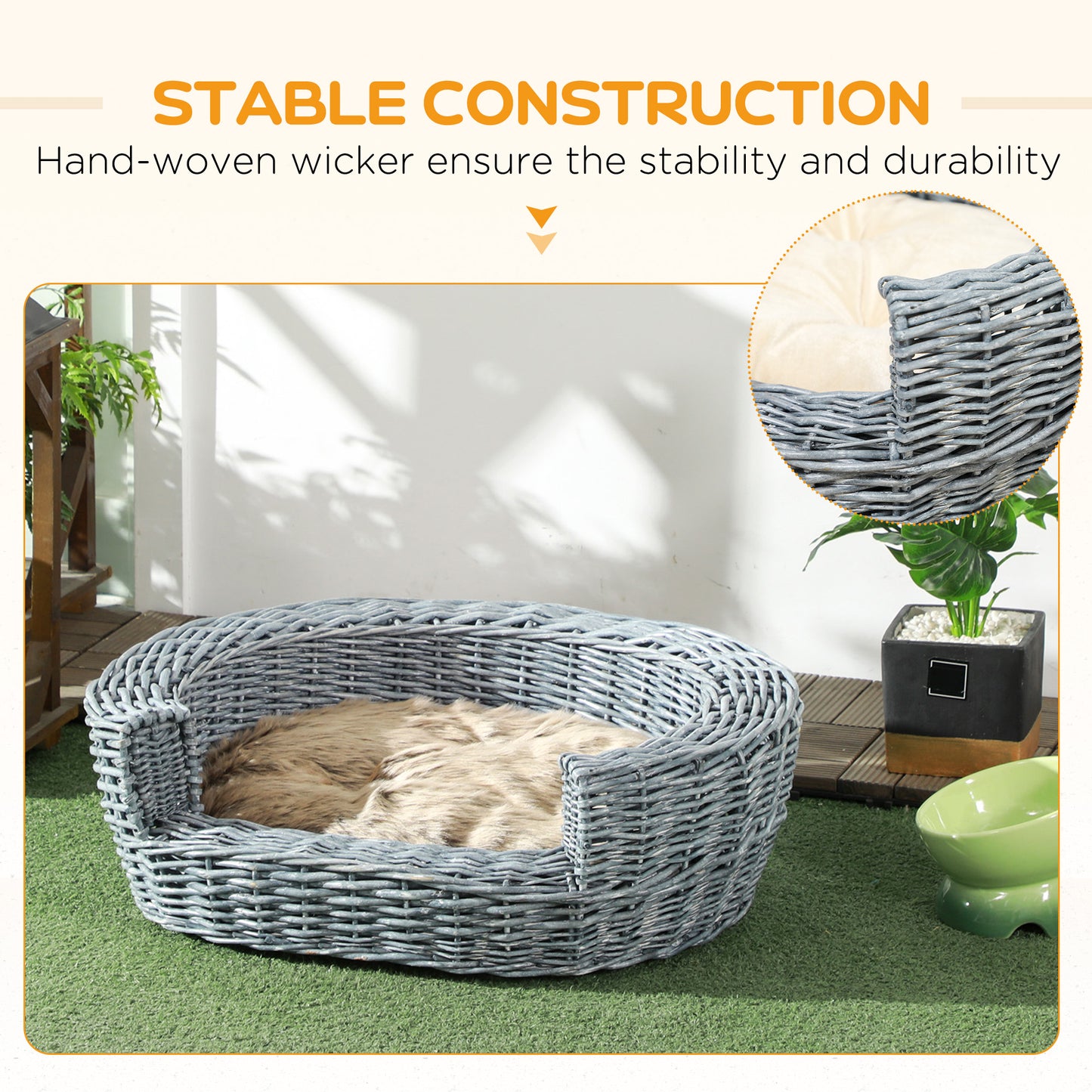 Elevated Dog Cat Couch Pet Basket Sofa Bed Wicker Willow Rattan Cushion Pawhut