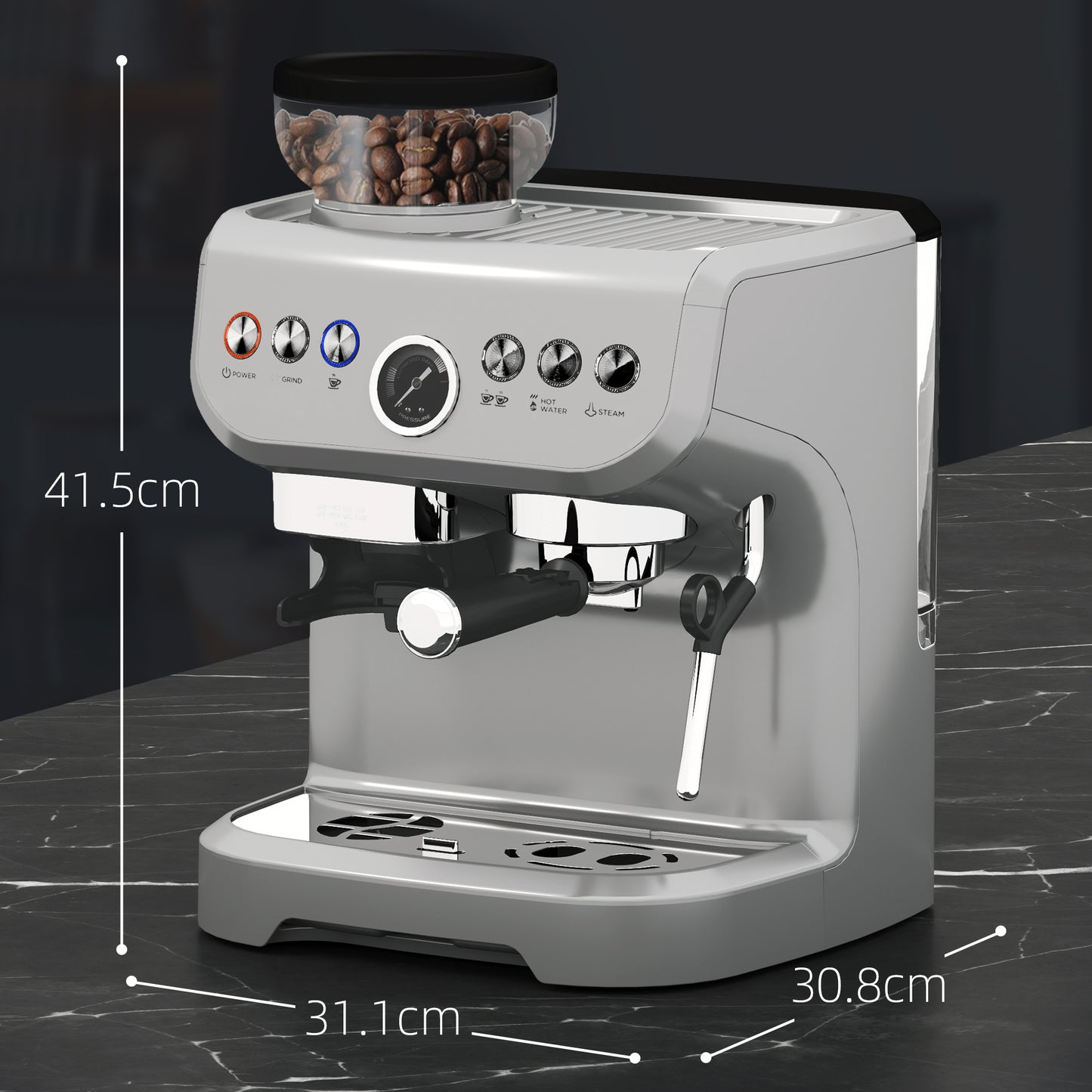 HOMCOM Espresso Machine, Bean Grinder & Steam Wand, 15 Bar Pressure, Silver.