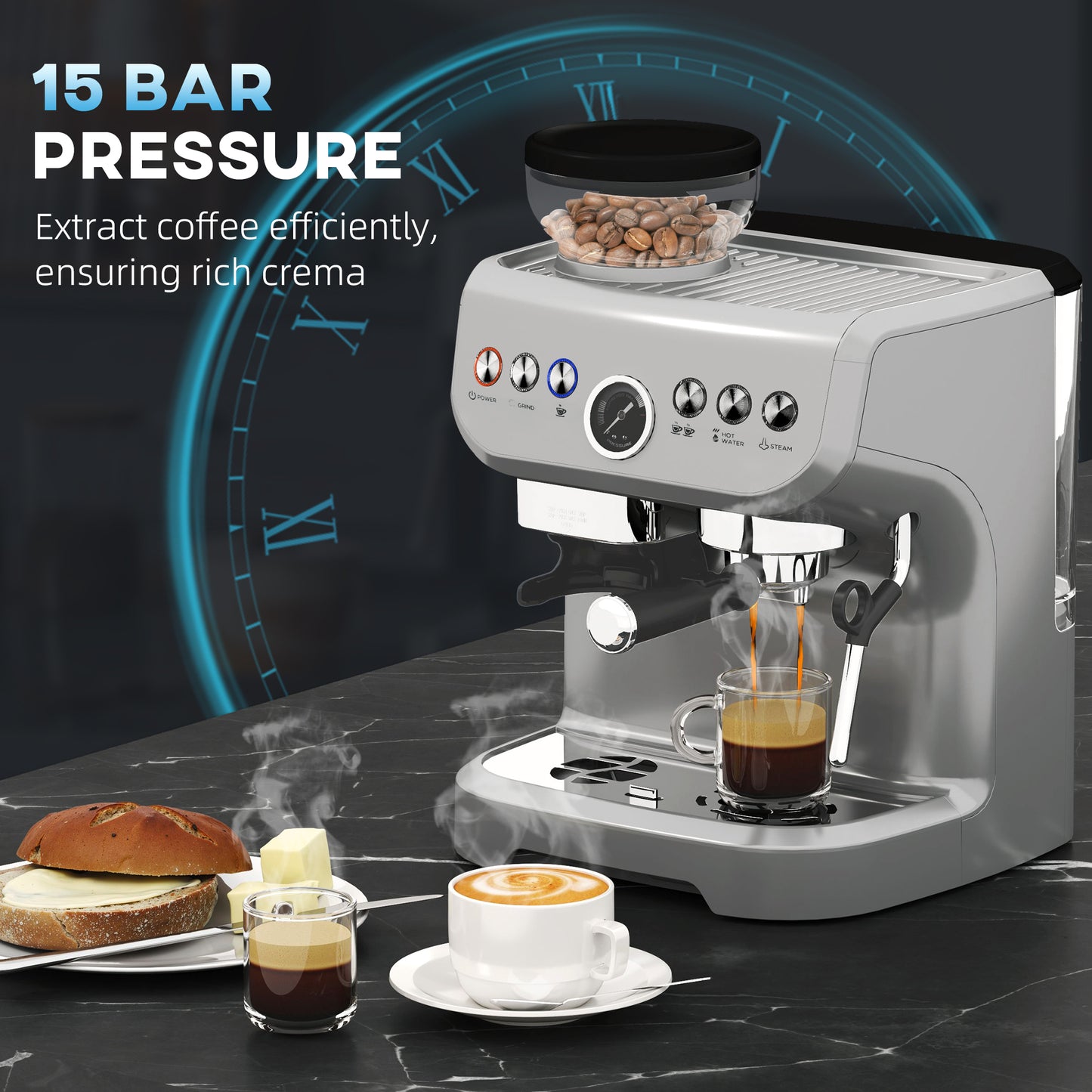 HOMCOM Espresso Machine, Bean Grinder & Steam Wand, 15 Bar Pressure, Silver.