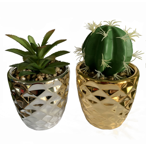 15cm Set of Two Silver and Gold Ceramic Planters with Artificial Cactus and Dracaena