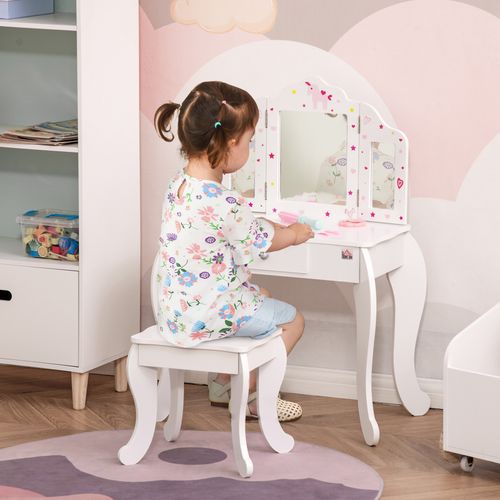 Kids Vanity Table & Stool Girls Dressing Set w/ Rotatable Mirror Drawer HOMCOM