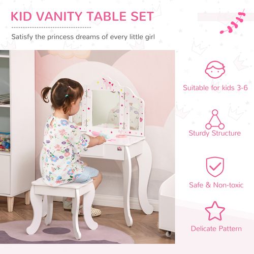 Kids Vanity Table & Stool Girls Dressing Set w/ Rotatable Mirror Drawer HOMCOM