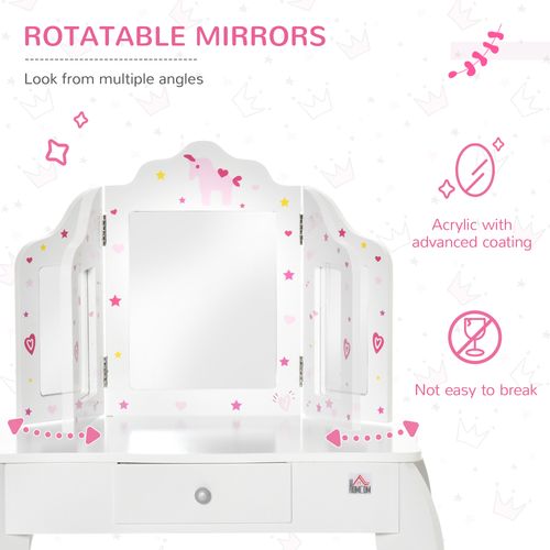 Kids Vanity Table & Stool Girls Dressing Set w/ Rotatable Mirror Drawer HOMCOM