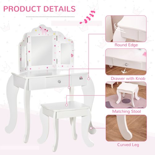 Kids Vanity Table & Stool Girls Dressing Set w/ Rotatable Mirror Drawer HOMCOM