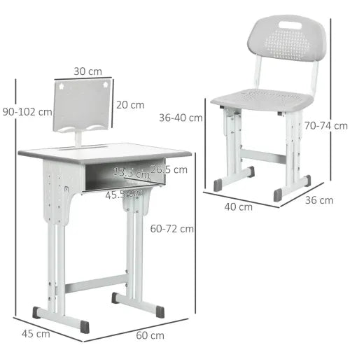 Kids Desk and Chair Set Adjustable Height Study Table w/ Book Stand - Grey