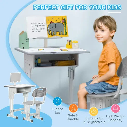 Kids Desk and Chair Set Adjustable Height Study Table w/ Book Stand - Grey