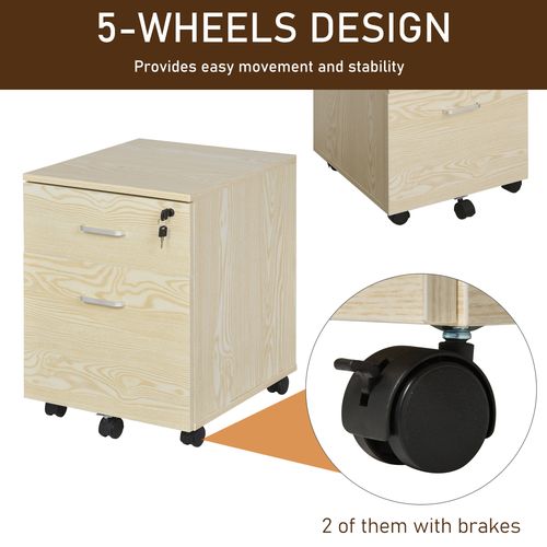 2-Drawer Locking Office Filing Cabinet 5 Wheels Rolling Storage Oak Vinsetto