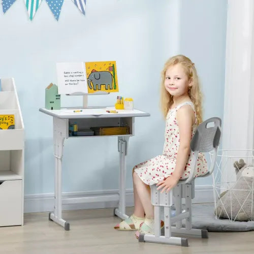 Kids Desk and Chair Set Adjustable Height Study Table w/ Book Stand - Grey