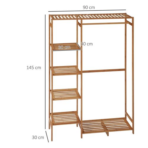 Bamboo Clothes Rail Garment Rack with 6 Tier Storage Shelf Hanging Rod