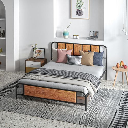 HOMCOM King Size Bed Frame Steel Bed Base with Headboard 160 x 207cm Brown