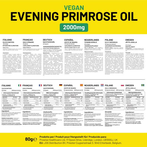 Vegan Evening Primrose Oil 2000mg with Vitamin E & B6 ? 60 Vegan Softgels| Pure Cold Pressed I 180mg GLA per Capsule I Women's Health I Premium Quality I by Prowise Healthcare