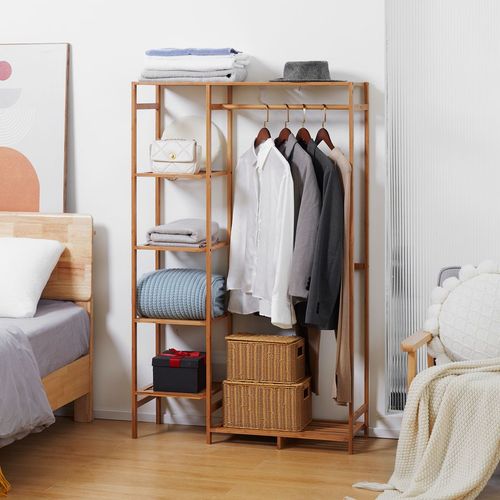 Bamboo Clothes Rail Garment Rack with 6 Tier Storage Shelf Hanging Rod