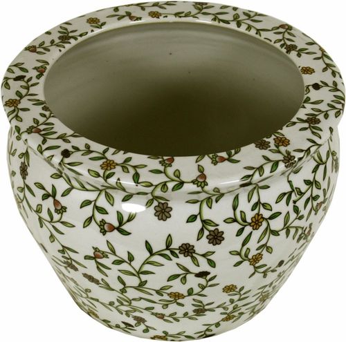 Ceramic Planter, Vintage Green & White Floral Design