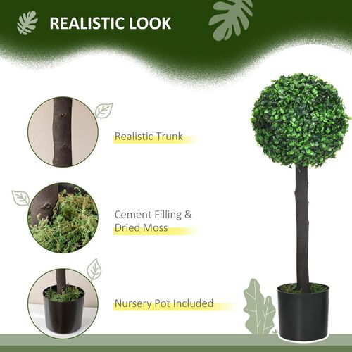 HOMCOM Set of 2 Potted Artificial Plants Boxwood Ball Trees Outdoor, 60cm