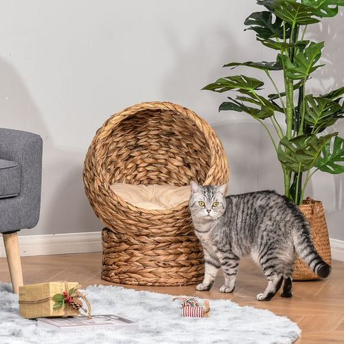 Wicker Cat House, Raised Cat Bed with Cylindrical Base, 50 x 42 x 60 cm