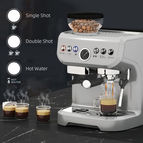 HOMCOM Espresso Machine, Bean Grinder & Steam Wand, 15 Bar Pressure, Silver.