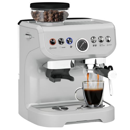 HOMCOM Espresso Machine, Bean Grinder & Steam Wand, 15 Bar Pressure, Silver.