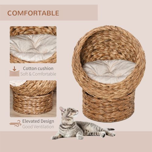 Wicker Cat House, Raised Cat Bed with Cylindrical Base, 50 x 42 x 60 cm