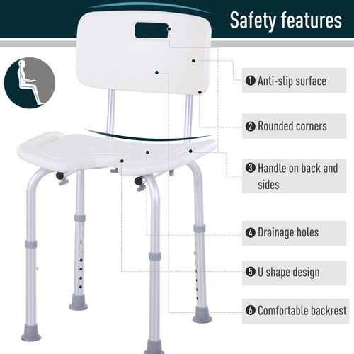 HOMCOM Adjustable Aluminum Shower Bath Stool Spa Chair Non-Slip Feet, Handle