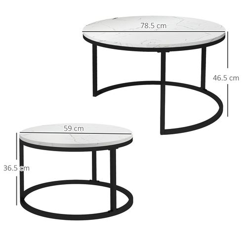 HOMCOM 2 Pcs Stacking Coffee Table Set Steel Frame Marble-Effect Top Foot Pads