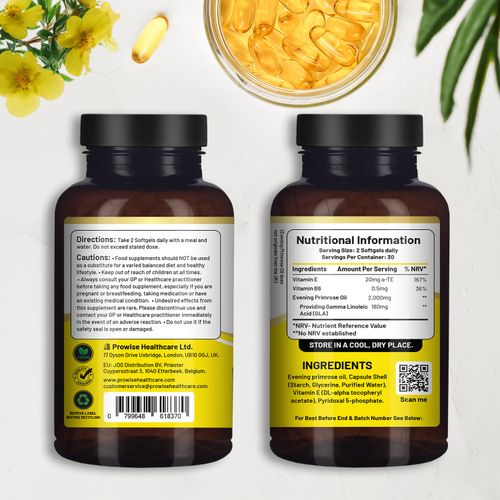 Vegan Evening Primrose Oil 2000mg with Vitamin E & B6 ? 60 Vegan Softgels| Pure Cold Pressed I 180mg GLA per Capsule I Women's Health I Premium Quality I by Prowise Healthcare