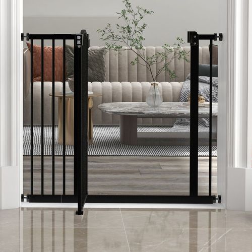 PawHut 74-94cm Adjustable Metal Pet Gate Safety Barrier w/ Auto-Close Black