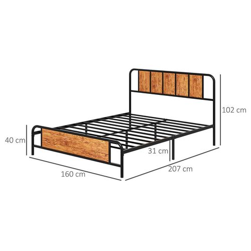 HOMCOM King Size Bed Frame Steel Bed Base with Headboard 160 x 207cm Brown