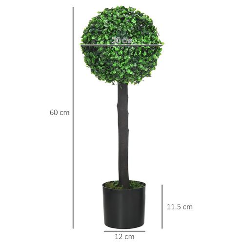 HOMCOM Set of 2 Potted Artificial Plants Boxwood Ball Trees Outdoor, 60cm