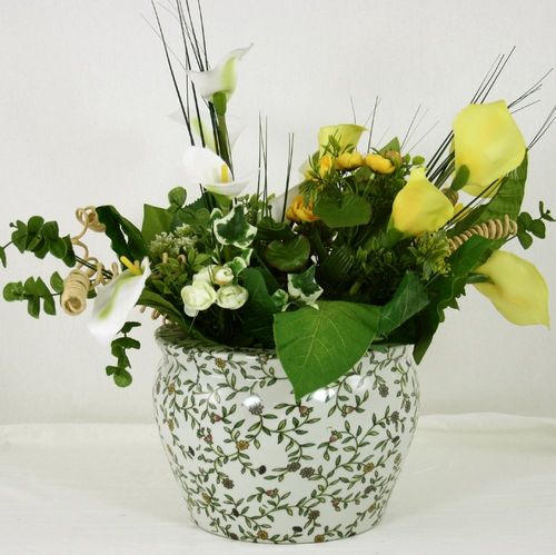 Ceramic Planter, Vintage Green & White Floral Design