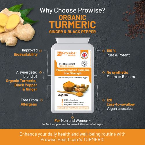 Organic Turmeric Curcumin 720mg - 120 Capsules | Organic Turmeric and Black Pepper Capsules High Strength | Vegan & Vegetarian Turmeric Supplements | Certified Organic by Soil Association by Prowise