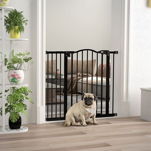 PawHut 74-94cm Adjustable Metal Pet Gate Safety Barrier w/ Auto-Close Black