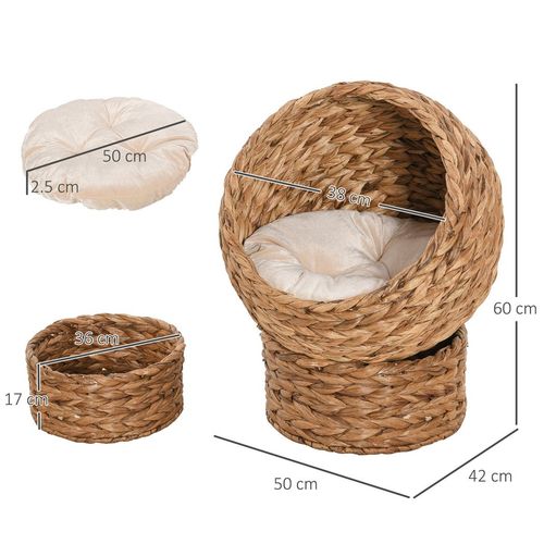 Wicker Cat House, Raised Cat Bed with Cylindrical Base, 50 x 42 x 60 cm