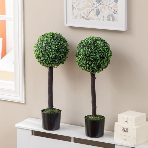 HOMCOM Set of 2 Potted Artificial Plants Boxwood Ball Trees Outdoor, 60cm