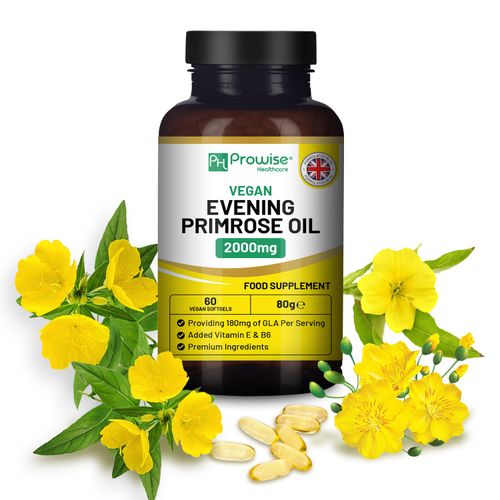 Vegan Evening Primrose Oil 2000mg with Vitamin E & B6 ? 60 Vegan Softgels| Pure Cold Pressed I 180mg GLA per Capsule I Women's Health I Premium Quality I by Prowise Healthcare