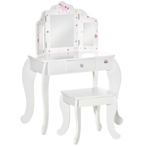 Kids Vanity Table & Stool Girls Dressing Set w/ Rotatable Mirror Drawer HOMCOM