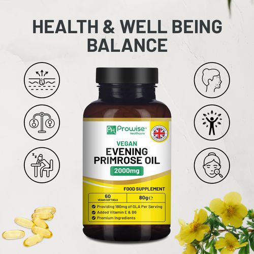 Vegan Evening Primrose Oil 2000mg with Vitamin E & B6 ? 60 Vegan Softgels| Pure Cold Pressed I 180mg GLA per Capsule I Women's Health I Premium Quality I by Prowise Healthcare